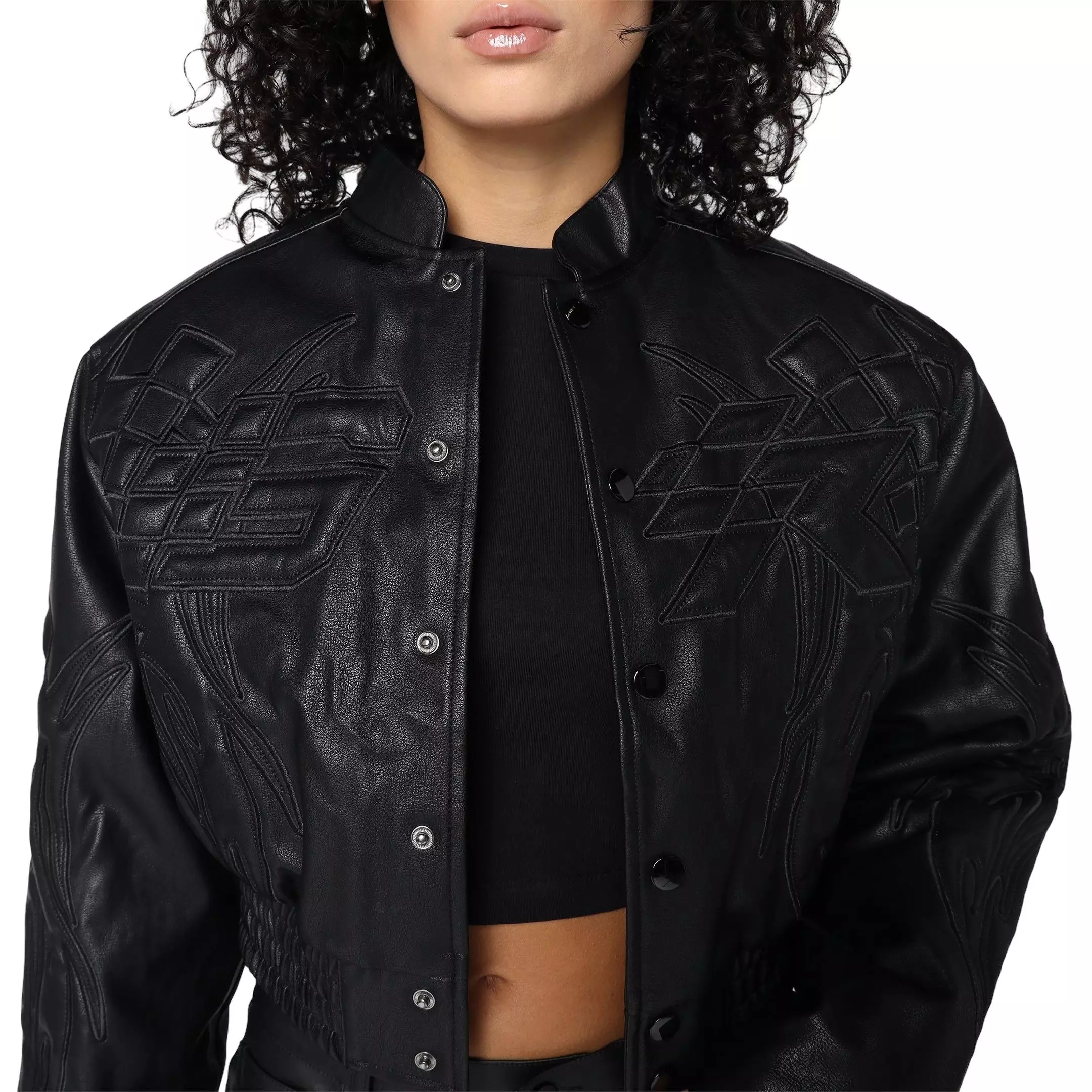 Smoke Rise Women's PU Crop Racing Jacket - Black
